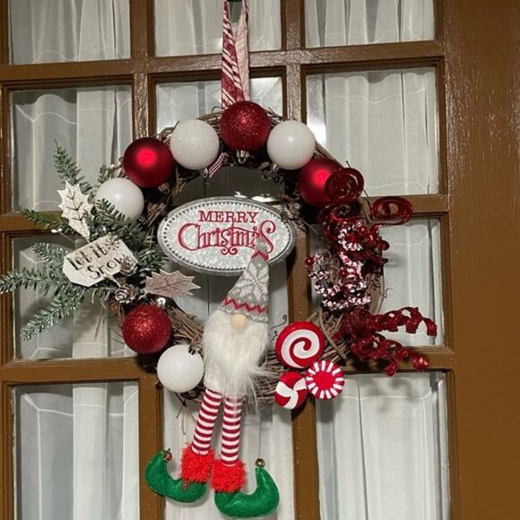 Christmas Grapevine Wreath Peppermint Gnome Let It Snow Handcrafted - Picture 11 of 11